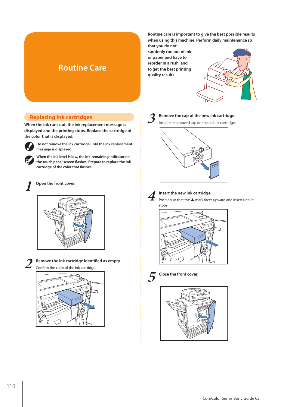 Routine care, Replacing ink cartridges | Pitney Bowes RISO ComColor Printer User Manual | Page 112 / 116