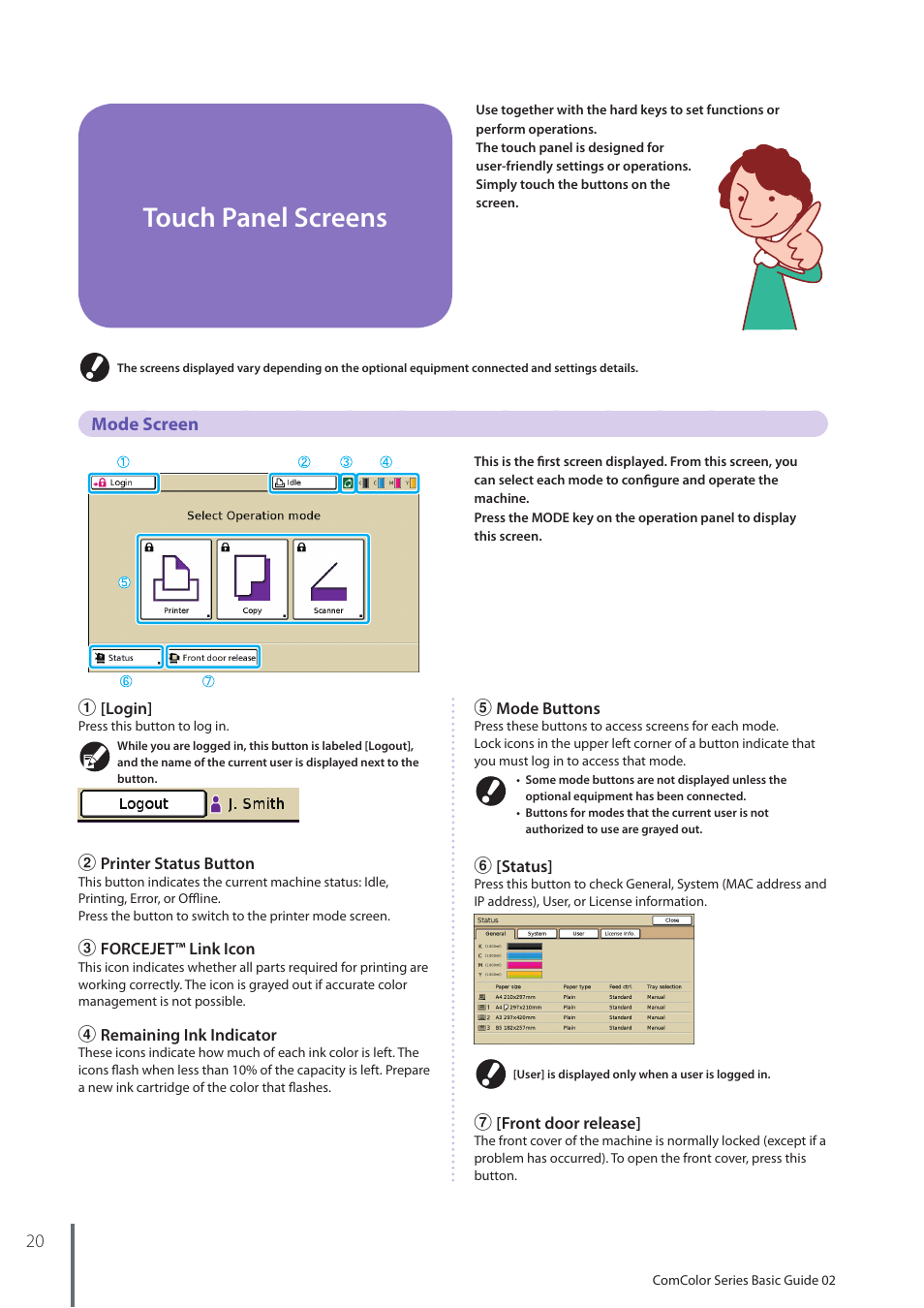 Touch panel screens, Mode screen | Pitney Bowes RISO ComColor Printer User Manual | Page 22 / 116