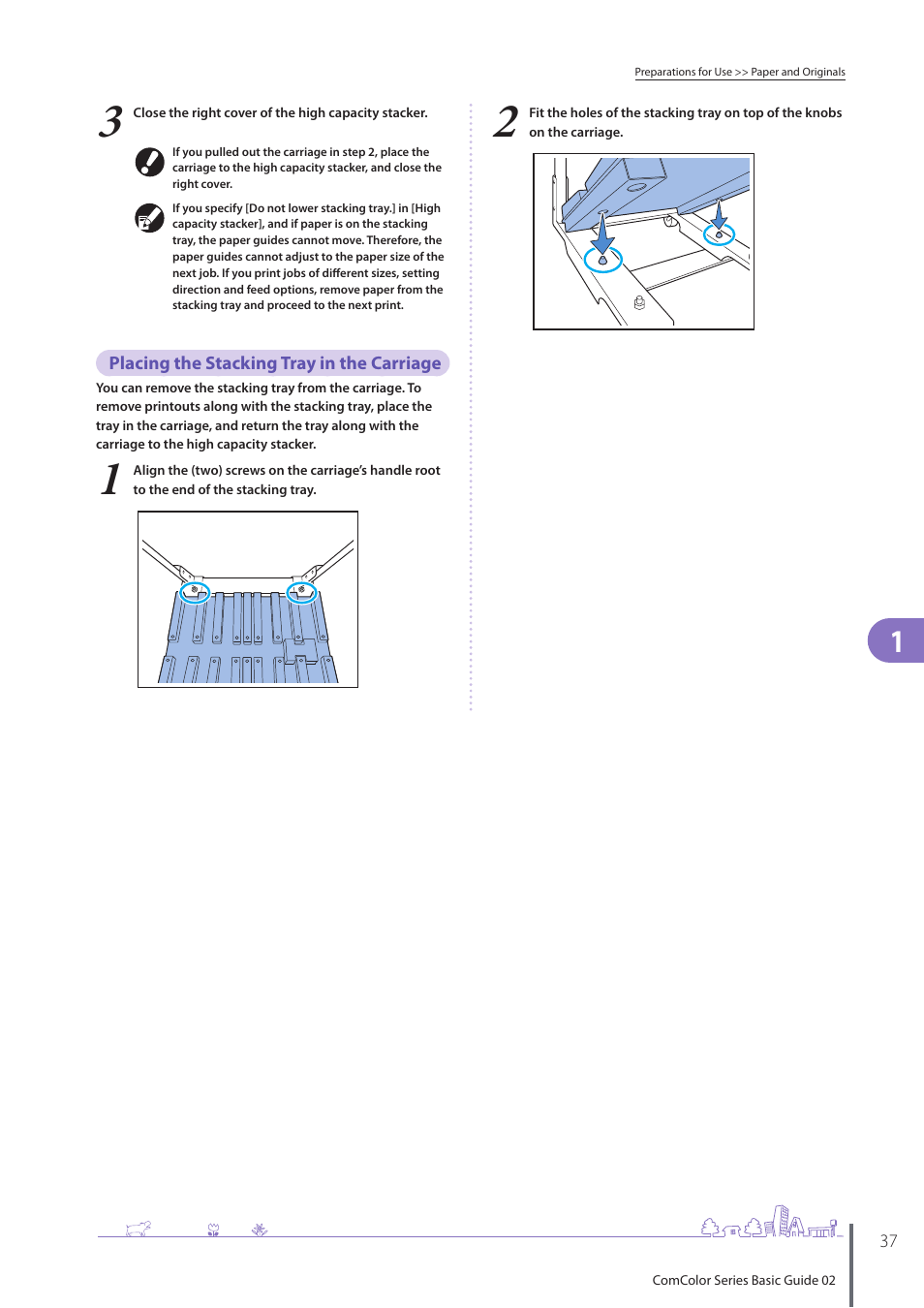 Placing the stacking tray in the carriage | Pitney Bowes RISO ComColor Printer User Manual | Page 39 / 116