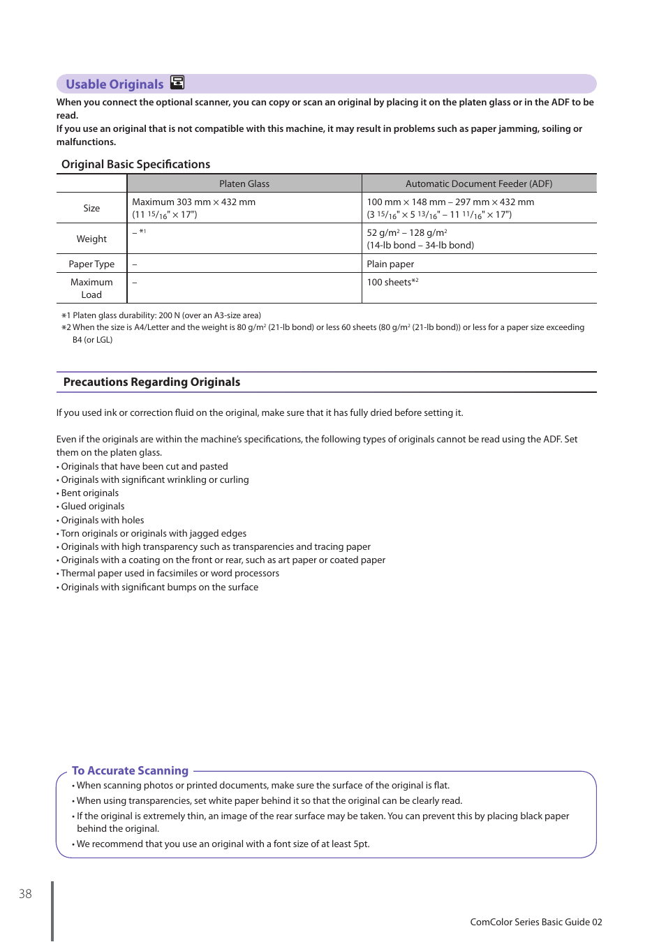 Usable originals, Original basic specifications, Precautions regarding originals | Pitney Bowes RISO ComColor Printer User Manual | Page 40 / 116