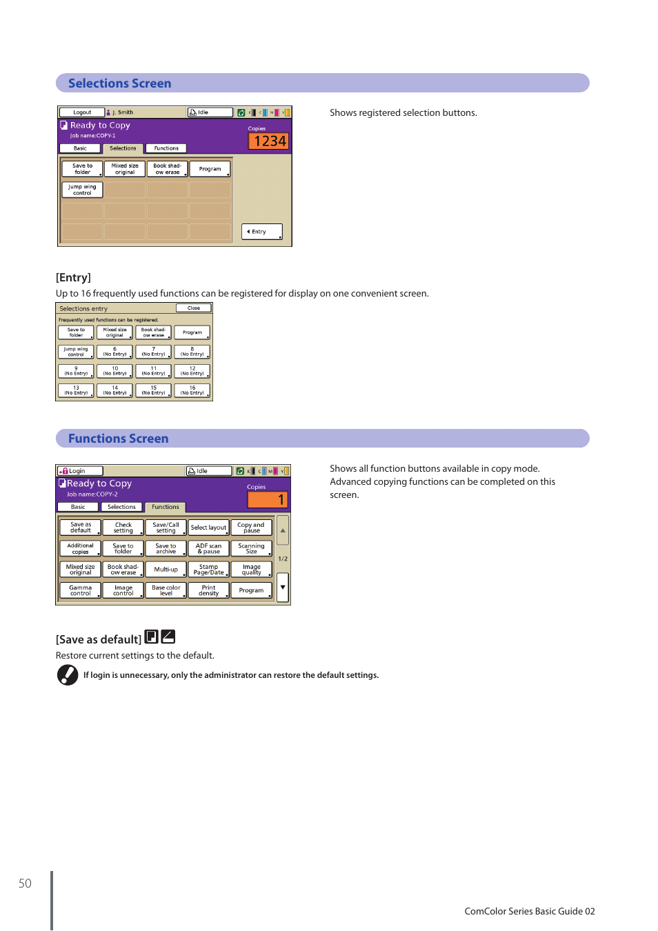 Selections screen, Functions screen | Pitney Bowes RISO ComColor Printer User Manual | Page 52 / 116