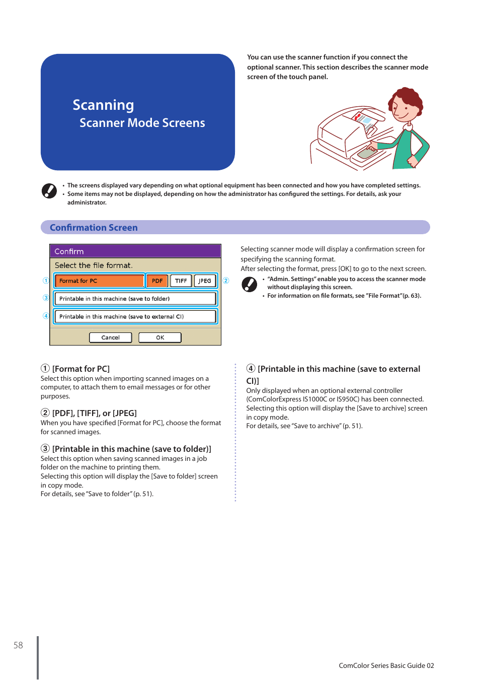 Scanning, Scanner mode screens, Confirmation screen | Pitney Bowes RISO ComColor Printer User Manual | Page 60 / 116