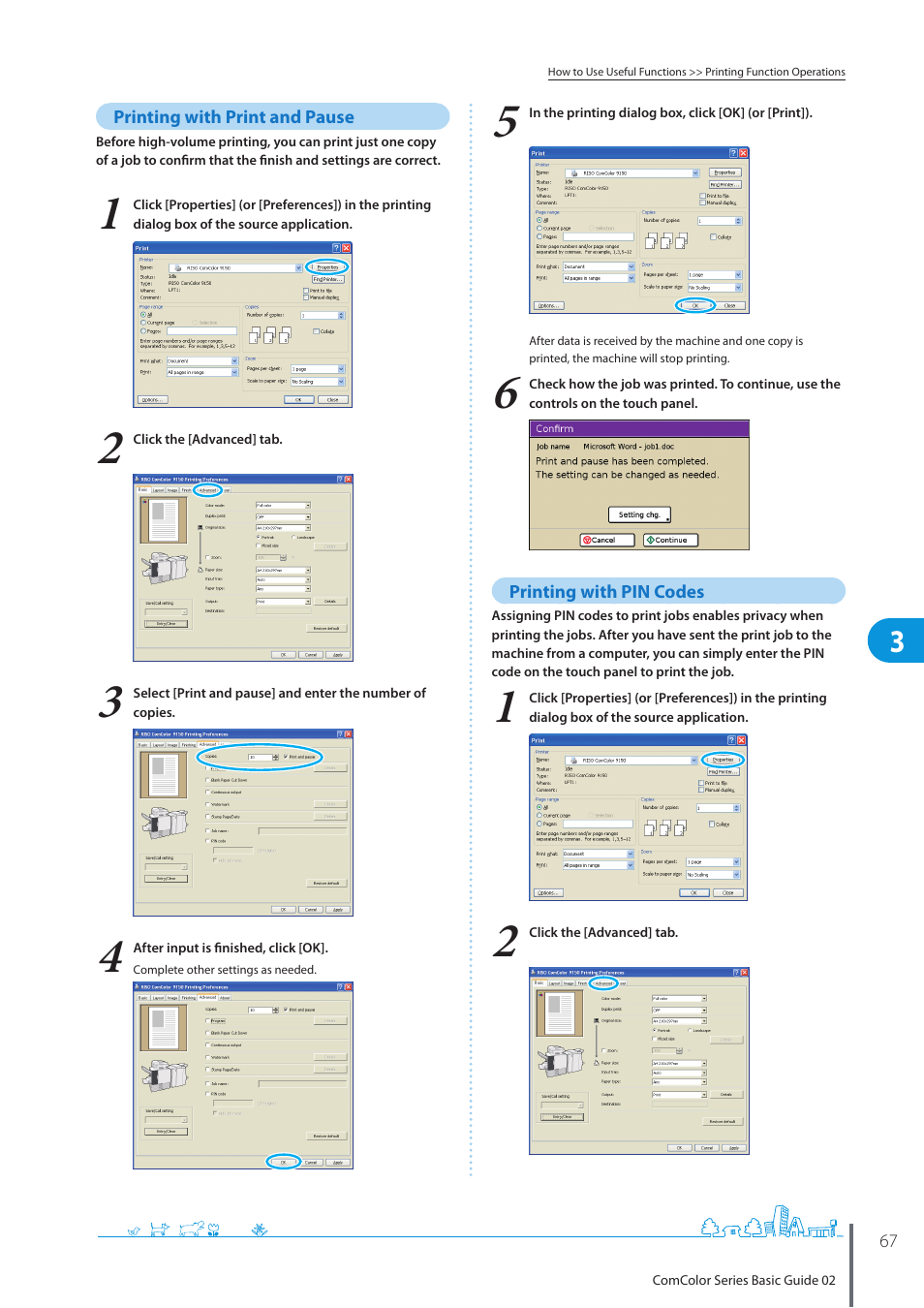Printing with print and pause, Printing with pin codes, Ee p. 67, p | Pitney Bowes RISO ComColor Printer User Manual | Page 69 / 116