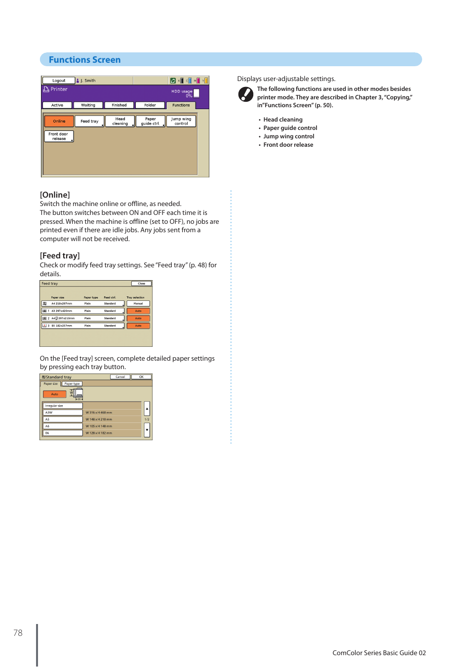 Functions screen, 78 functions screen | Pitney Bowes RISO ComColor Printer User Manual | Page 80 / 116