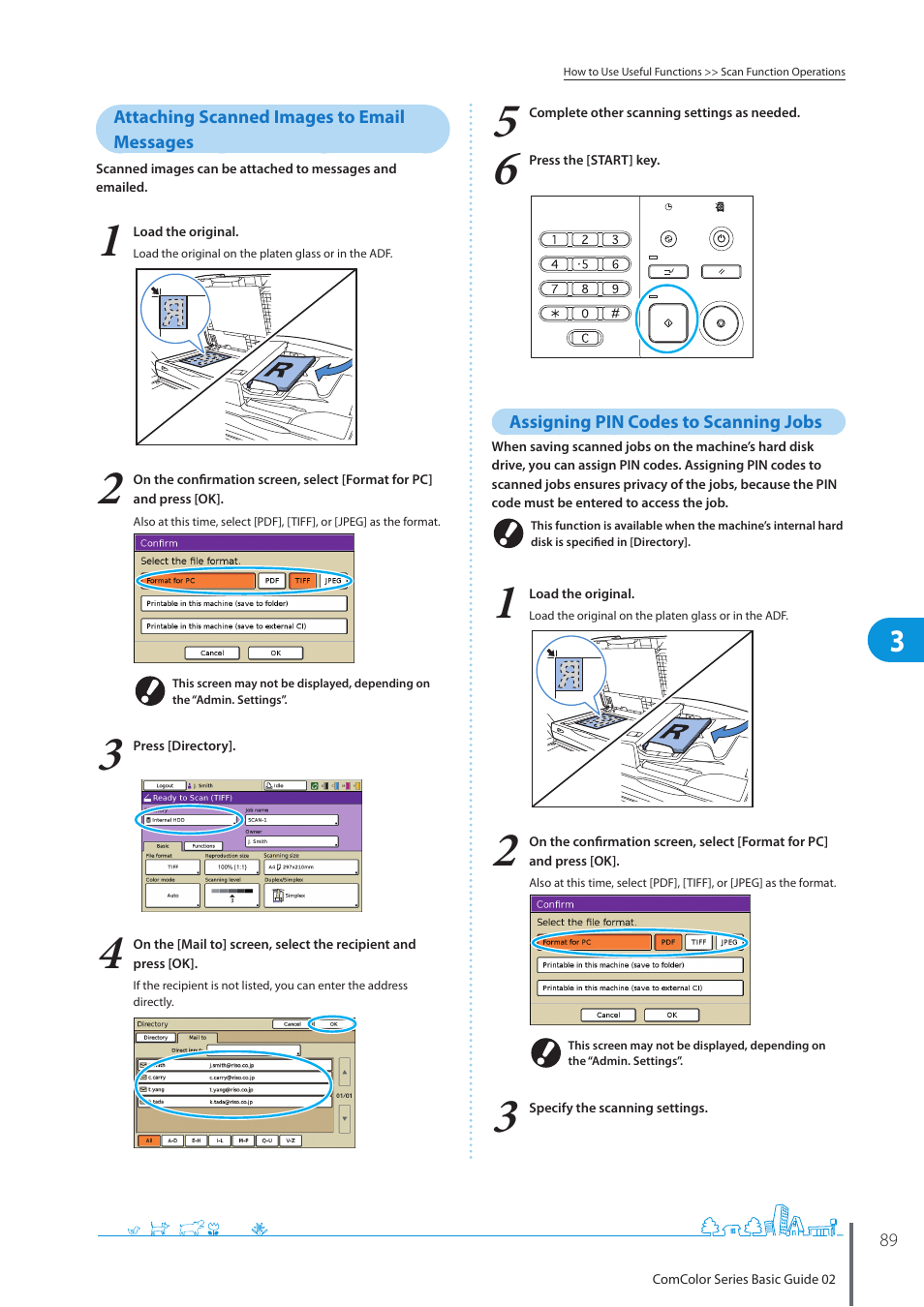 Attaching scanned images to email messages, Assigning pin codes to scanning jobs | Pitney Bowes RISO ComColor Printer User Manual | Page 91 / 116