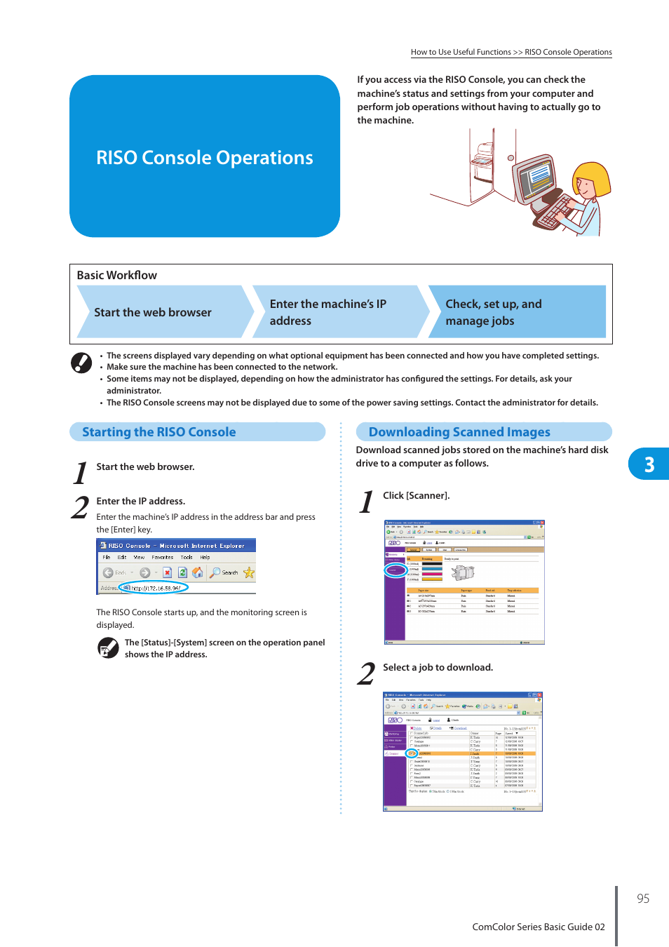 Riso console operations, Starting the riso console, Downloading scanned images | Pitney Bowes RISO ComColor Printer User Manual | Page 97 / 116