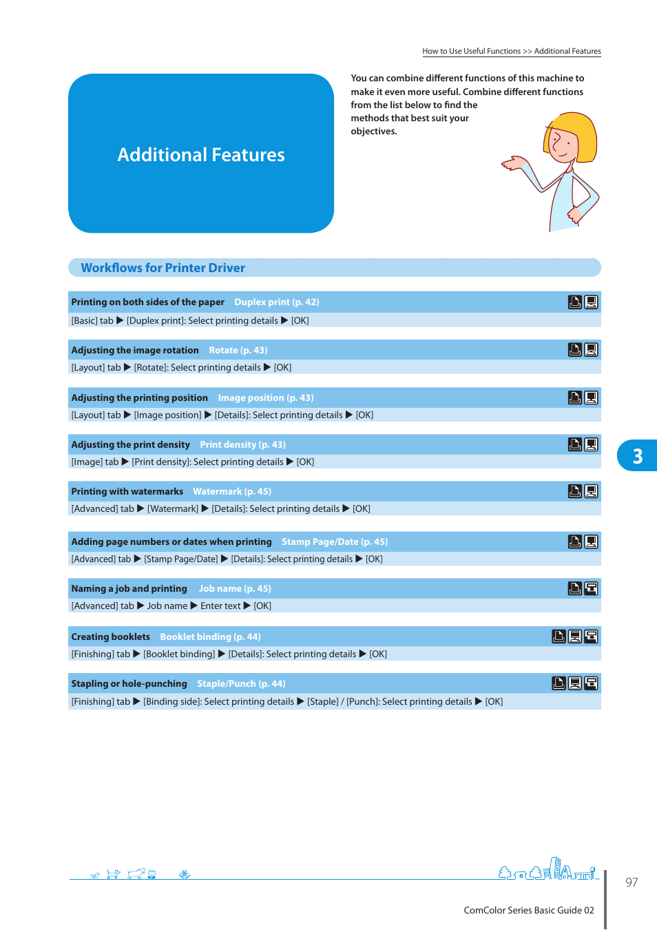 Additional features, Workflows for printer driver | Pitney Bowes RISO ComColor Printer User Manual | Page 99 / 116