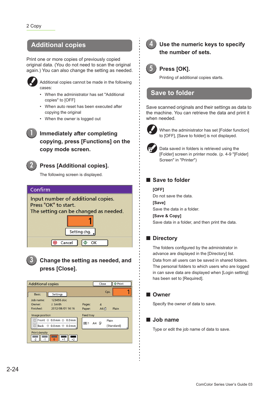 Additional copies, Save to folder, Additional copies -24 save to folder -24 | P. 2-24, Save to folder" (p. 2-24) | Pitney Bowes RISO ComColor Printer User Manual | Page 102 / 196