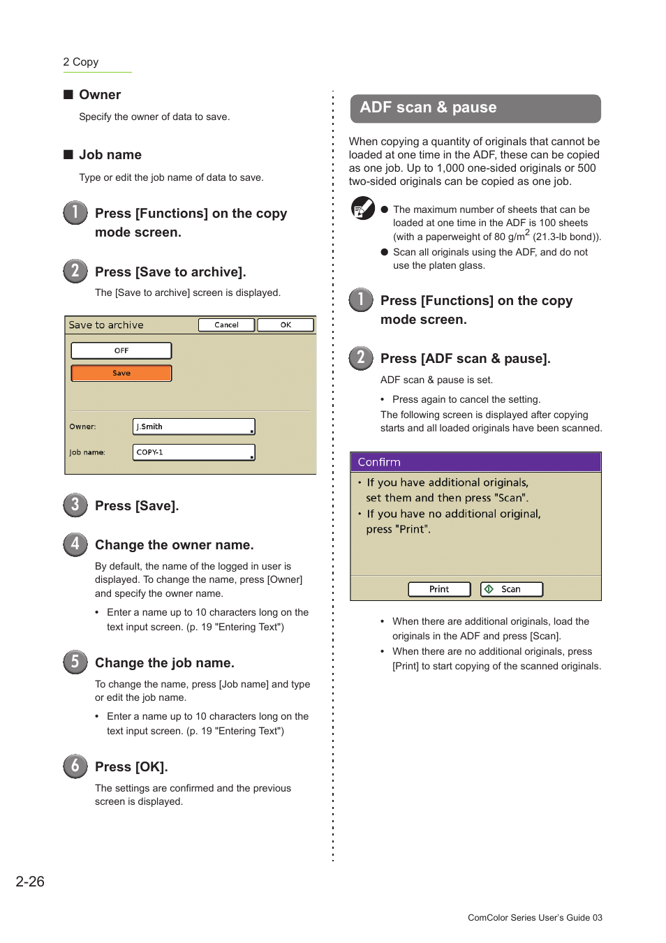 Adf scan & pause, Adf scan & pause -26, P. 2-26 | Adf scan & pause" (p. 2-26) | Pitney Bowes RISO ComColor Printer User Manual | Page 104 / 196