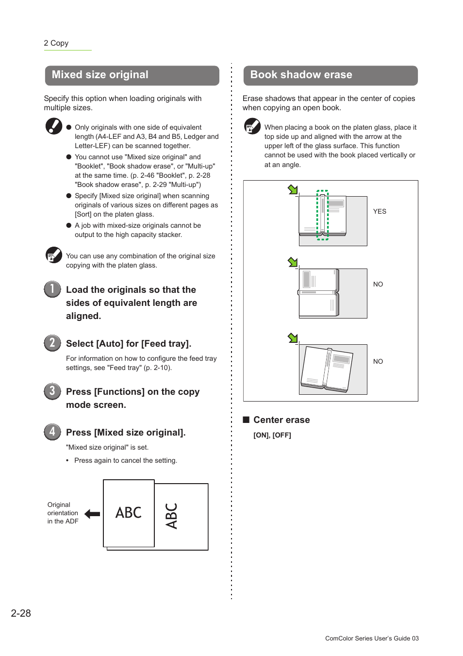 Mixed size original, Book shadow erase, Mixed size original -28 book shadow erase -28 | P. 2-28 | Pitney Bowes RISO ComColor Printer User Manual | Page 106 / 196