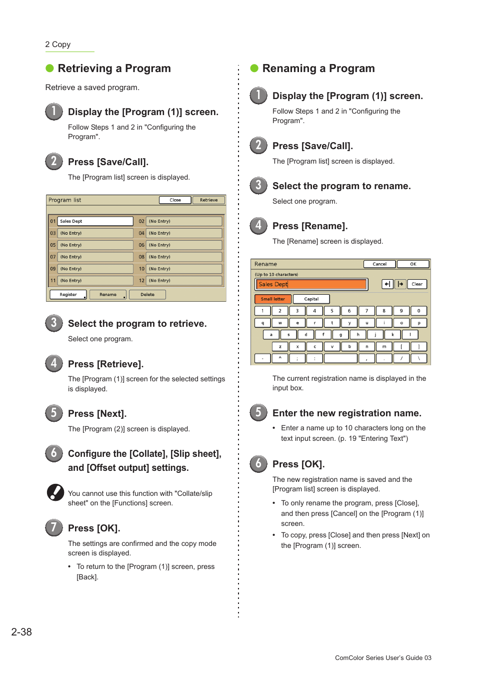 Retrieving a program, Renaming a program | Pitney Bowes RISO ComColor Printer User Manual | Page 116 / 196