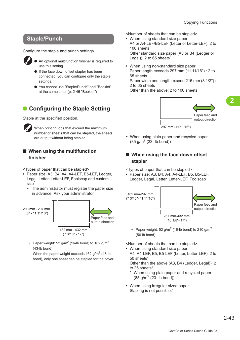 Staple/punch, Staple/punch -43, P. 2-43 | Staple/punch" (p. 2-43), Configuring the staple setting, When using the multifunction finisher, When using the face down offset stapler | Pitney Bowes RISO ComColor Printer User Manual | Page 121 / 196
