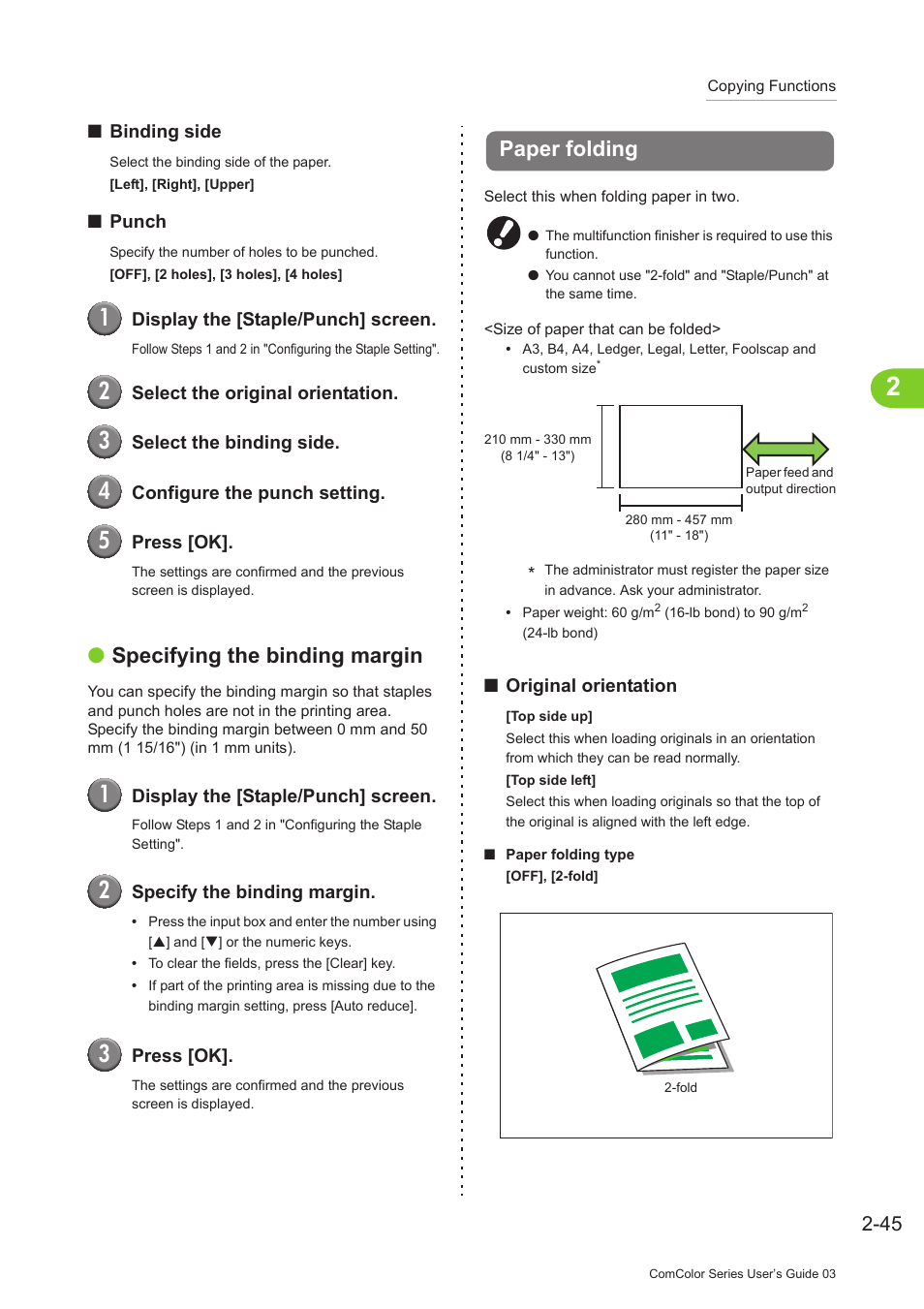 Paper folding, Paper folding -45, P. 2-45 | Paper folding" (p. 2-45), Specifying the binding margin | Pitney Bowes RISO ComColor Printer User Manual | Page 123 / 196