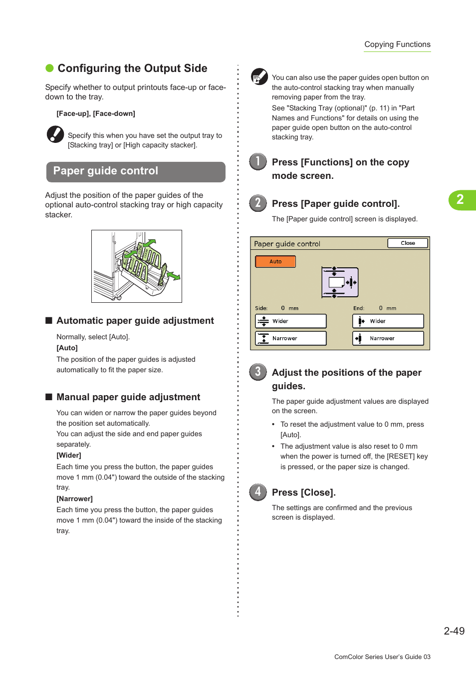 Paper guide control, Paper guide control -49, P. 2-49 | Paper guide control" (p. 2-49), Configuring the output side | Pitney Bowes RISO ComColor Printer User Manual | Page 127 / 196