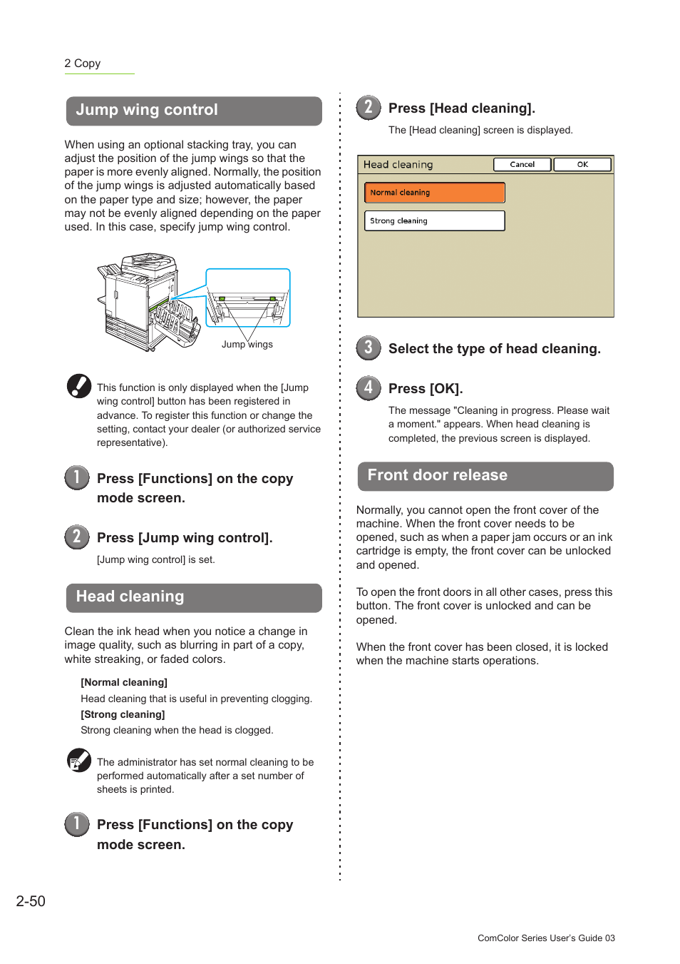 Jump wing control, Head cleaning, Front door release | P. 2-50, Jump wing control" (p. 2-50), Head cleaning" (p. 2-50), Front door release" (p. 2-50) | Pitney Bowes RISO ComColor Printer User Manual | Page 128 / 196