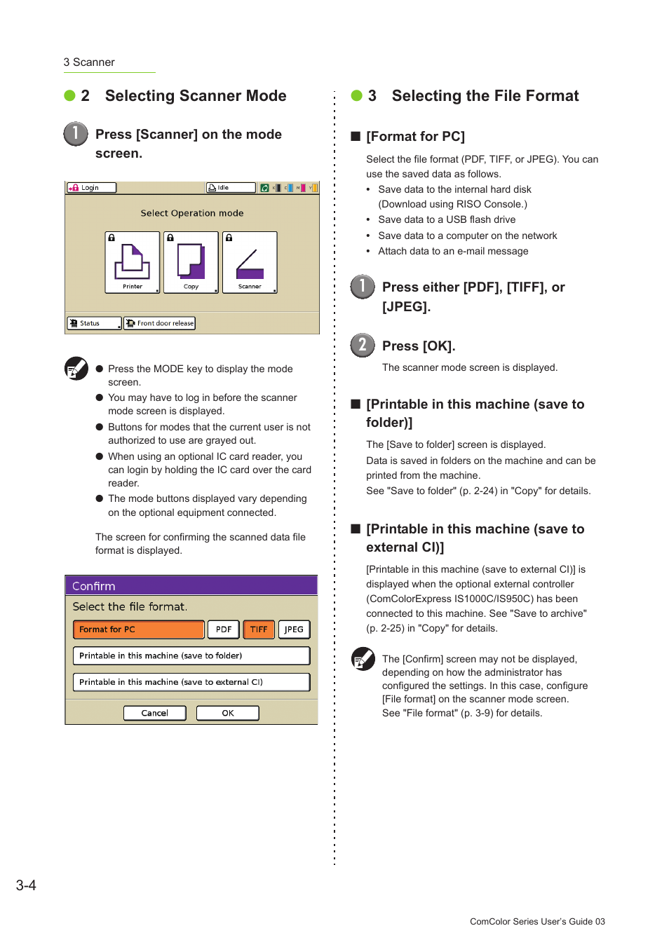 2 selecting scanner mode, 3 selecting the file format | Pitney Bowes RISO ComColor Printer User Manual | Page 134 / 196