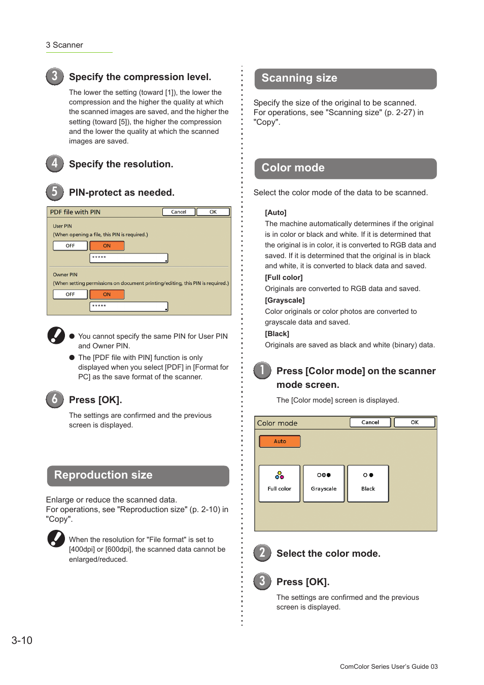 Reproduction size, Scanning size, Color mode | P. 3-10 | Pitney Bowes RISO ComColor Printer User Manual | Page 140 / 196