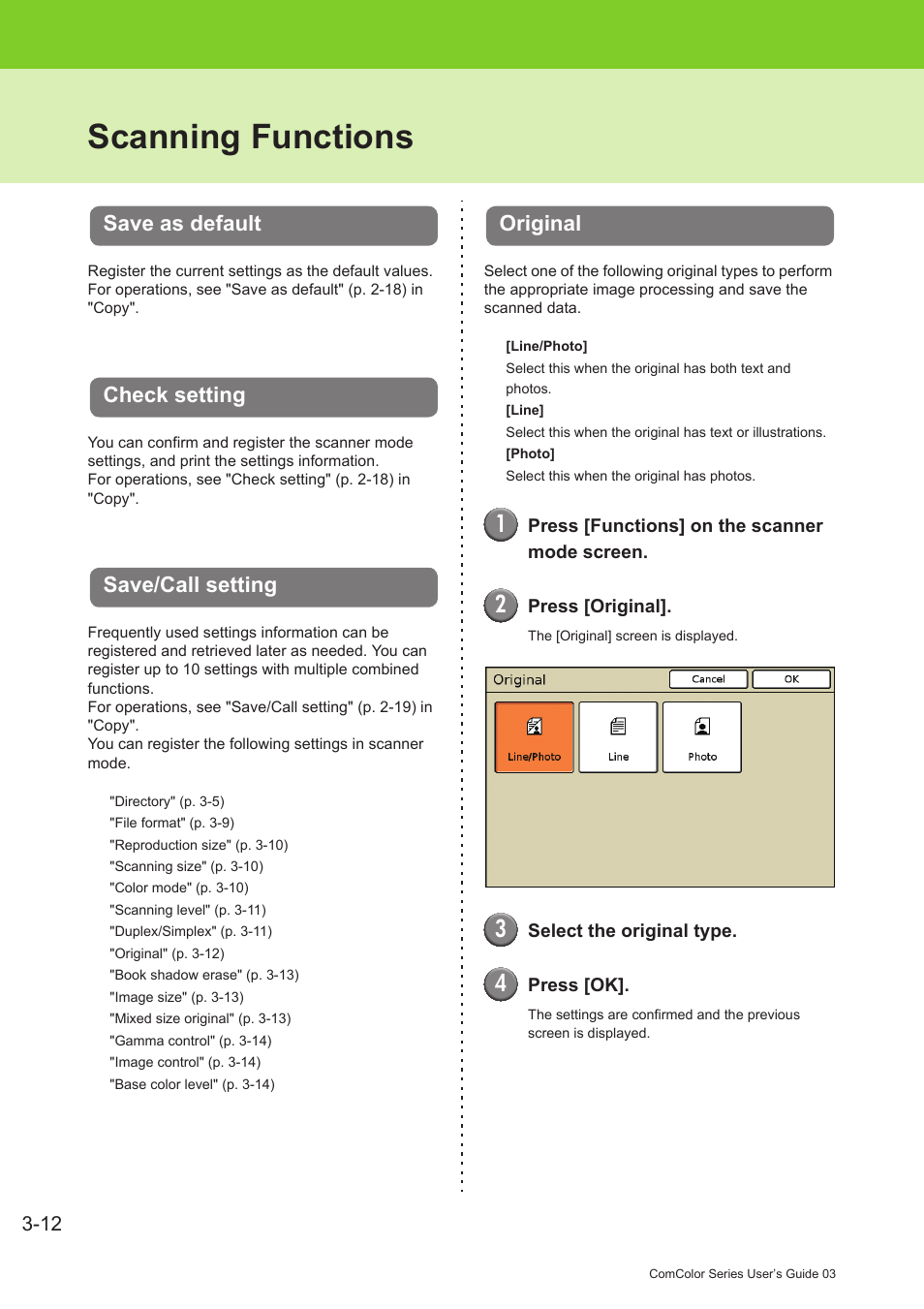 Scanning functions, Save as default, Check setting | Save/call setting, Original, Scanning functions -12, P. 3-12 | Pitney Bowes RISO ComColor Printer User Manual | Page 142 / 196