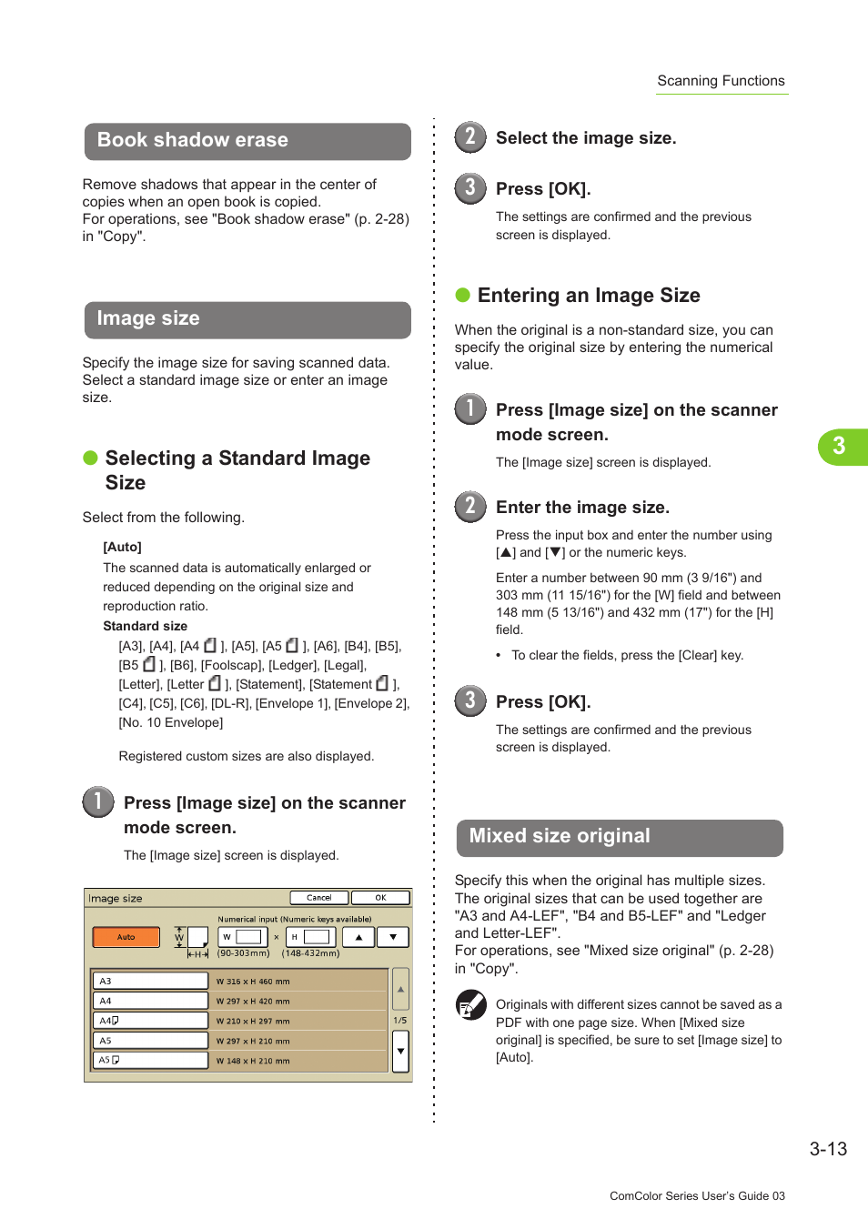 Book shadow erase, Image size, Mixed size original | P. 3-13, Selecting a standard image size, Entering an image size | Pitney Bowes RISO ComColor Printer User Manual | Page 143 / 196