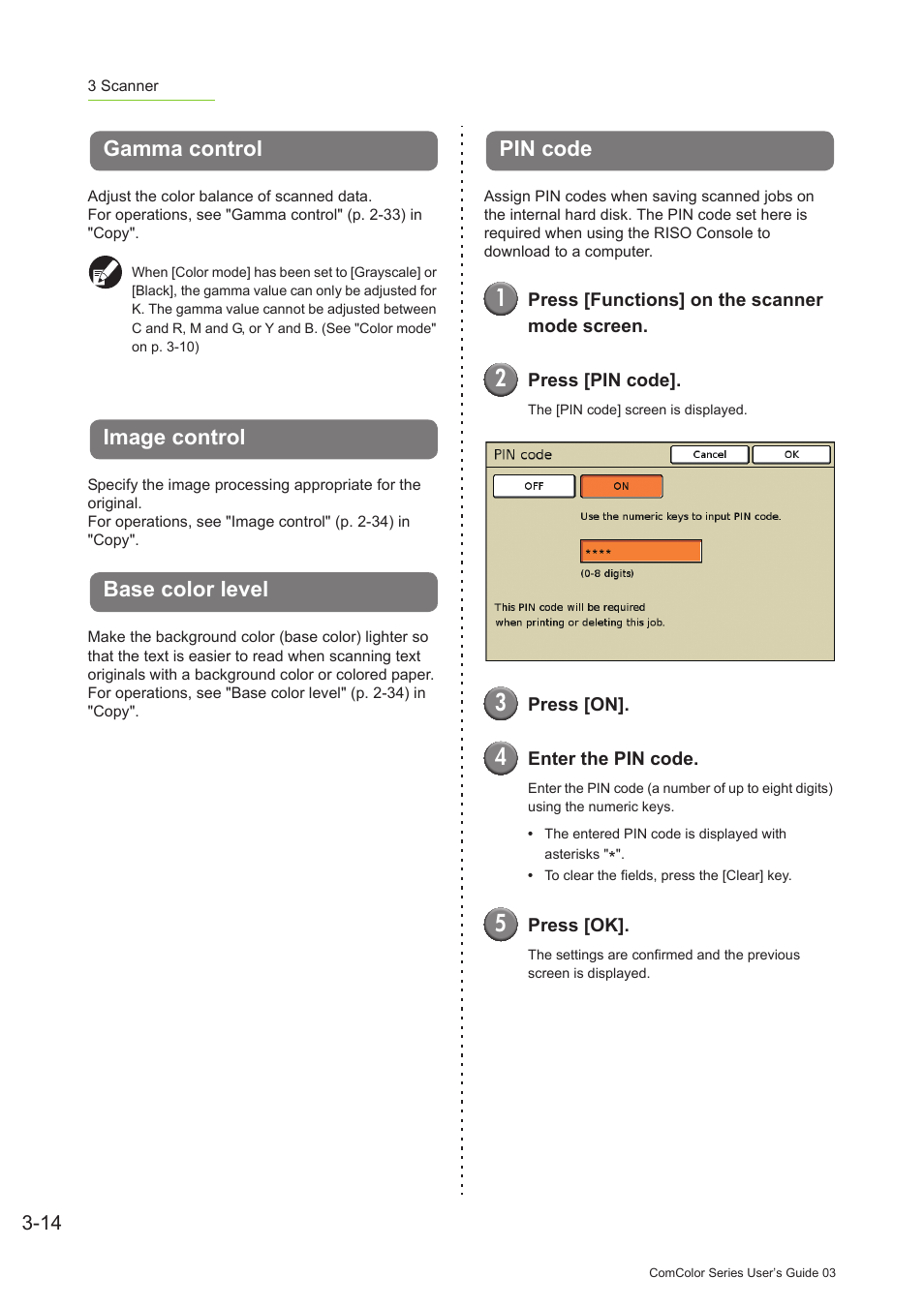 Gamma control, Image control, Base color level | Pin code, P. 3-14 | Pitney Bowes RISO ComColor Printer User Manual | Page 144 / 196