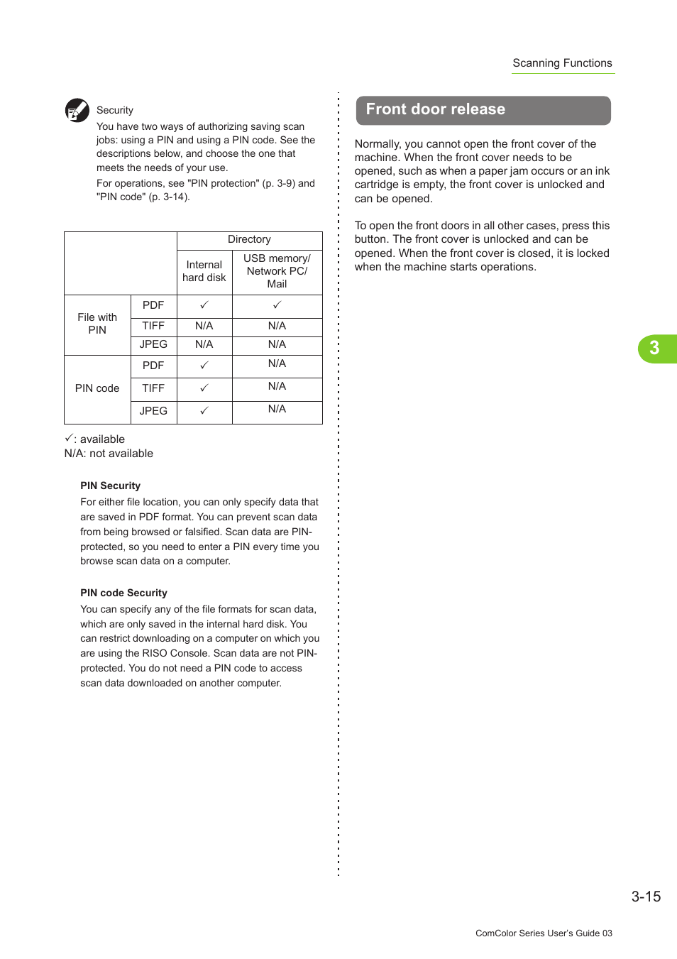 Front door release, Front door release -15, P. 3-15 | Pitney Bowes RISO ComColor Printer User Manual | Page 145 / 196