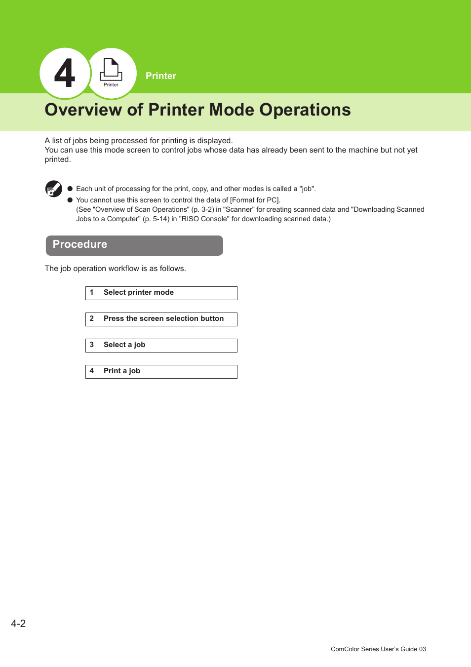 Overview of printer mode operations, Procedure, Overview of printer mode operations -2 | Procedure -2 | Pitney Bowes RISO ComColor Printer User Manual | Page 148 / 196