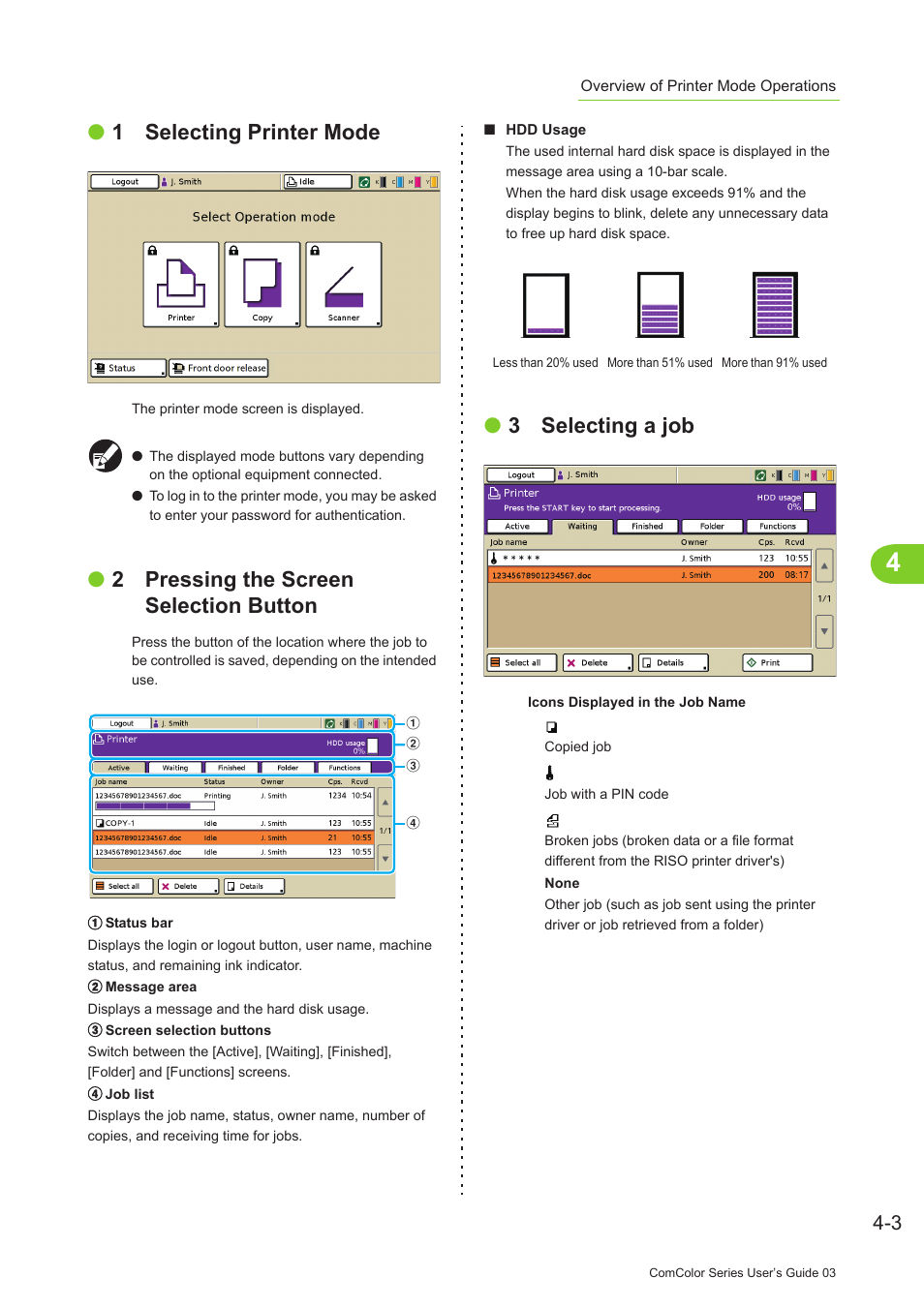 1 selecting printer mode, 2 pressing the screen selection button, 3 selecting a job | Pitney Bowes RISO ComColor Printer User Manual | Page 149 / 196