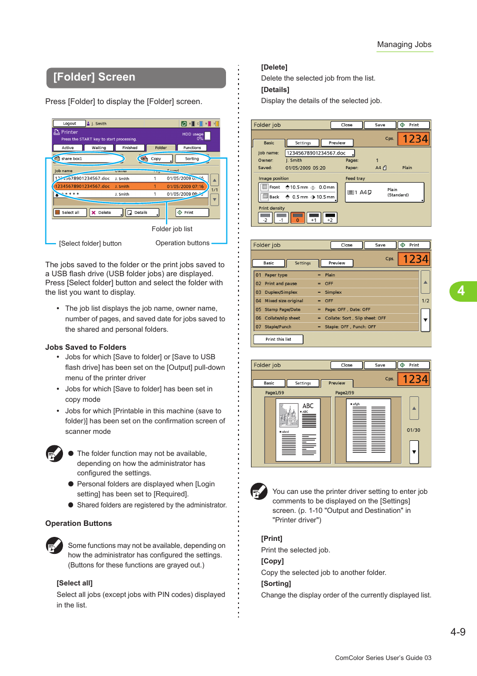 Folder] screen, Folder] screen -9, P. 4-9 | Folder] screen in prin, P. 4-9) or th | Pitney Bowes RISO ComColor Printer User Manual | Page 155 / 196