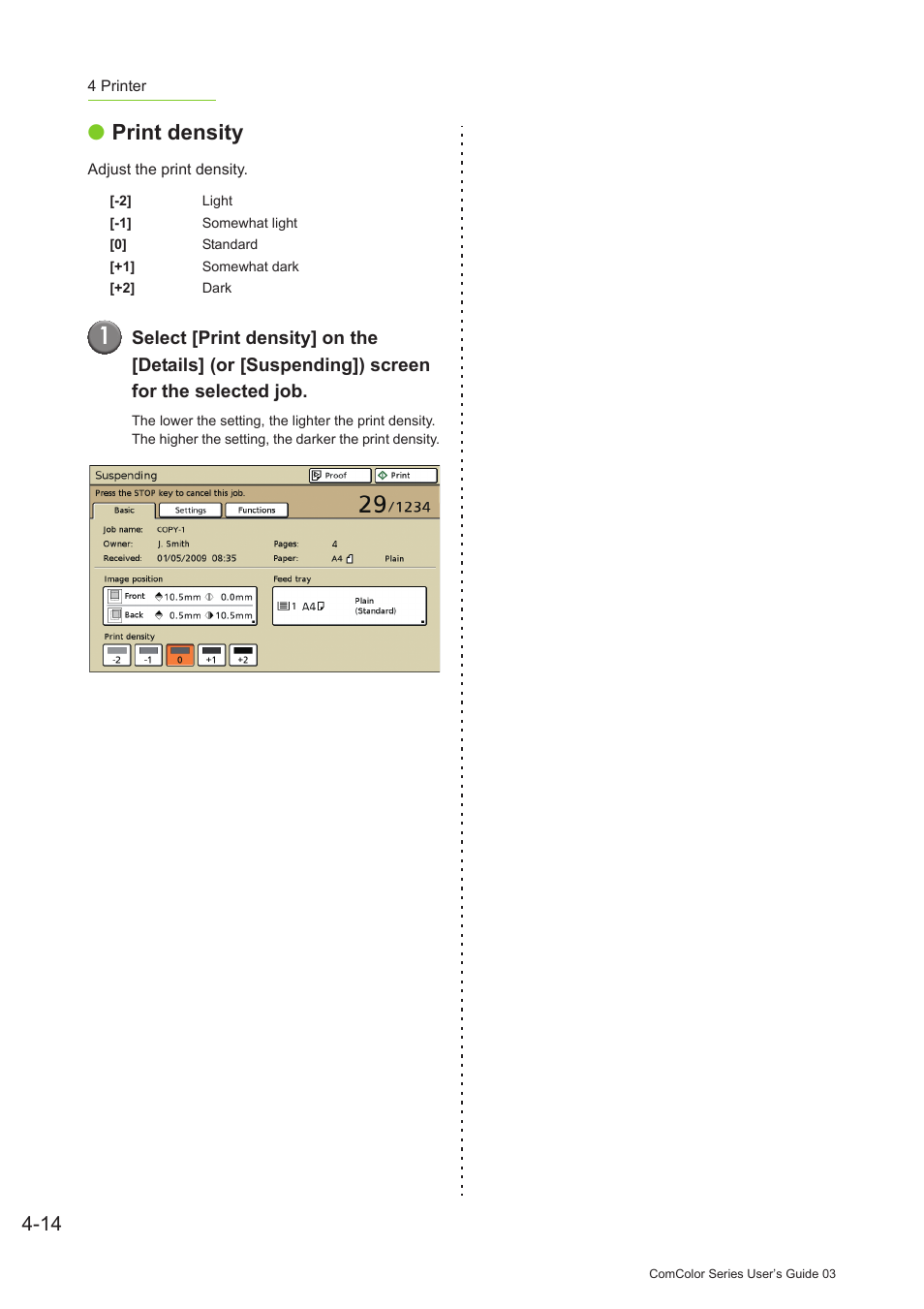 P. 4-14 "print density" in "printer"), Print density" (p. 4-14), Sity] (p. 4-14) | Print density | Pitney Bowes RISO ComColor Printer User Manual | Page 160 / 196