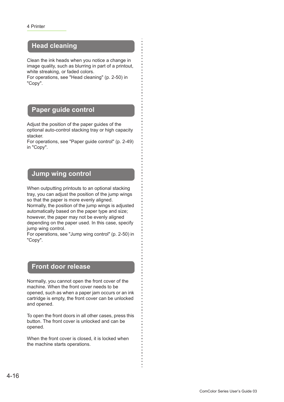 Head cleaning, Paper guide control, Jump wing control | Front door release, P. 4-16 | Pitney Bowes RISO ComColor Printer User Manual | Page 162 / 196