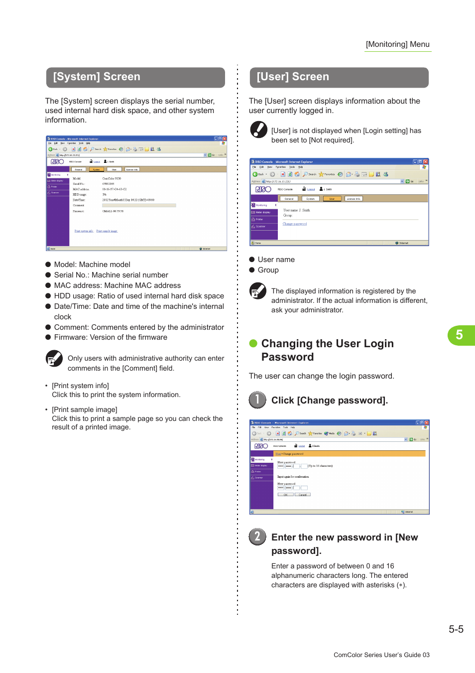 System] screen, User] screen, System] screen -5 [user] screen -5 | Changing the user login password | Pitney Bowes RISO ComColor Printer User Manual | Page 167 / 196