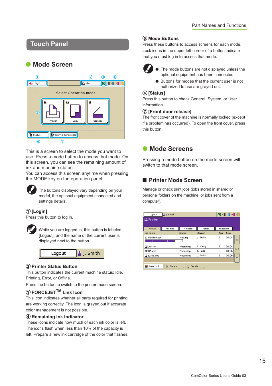 Touch panel, Touch panel ● mode screen, Mode screens | Pitney Bowes RISO ComColor Printer User Manual | Page 17 / 196