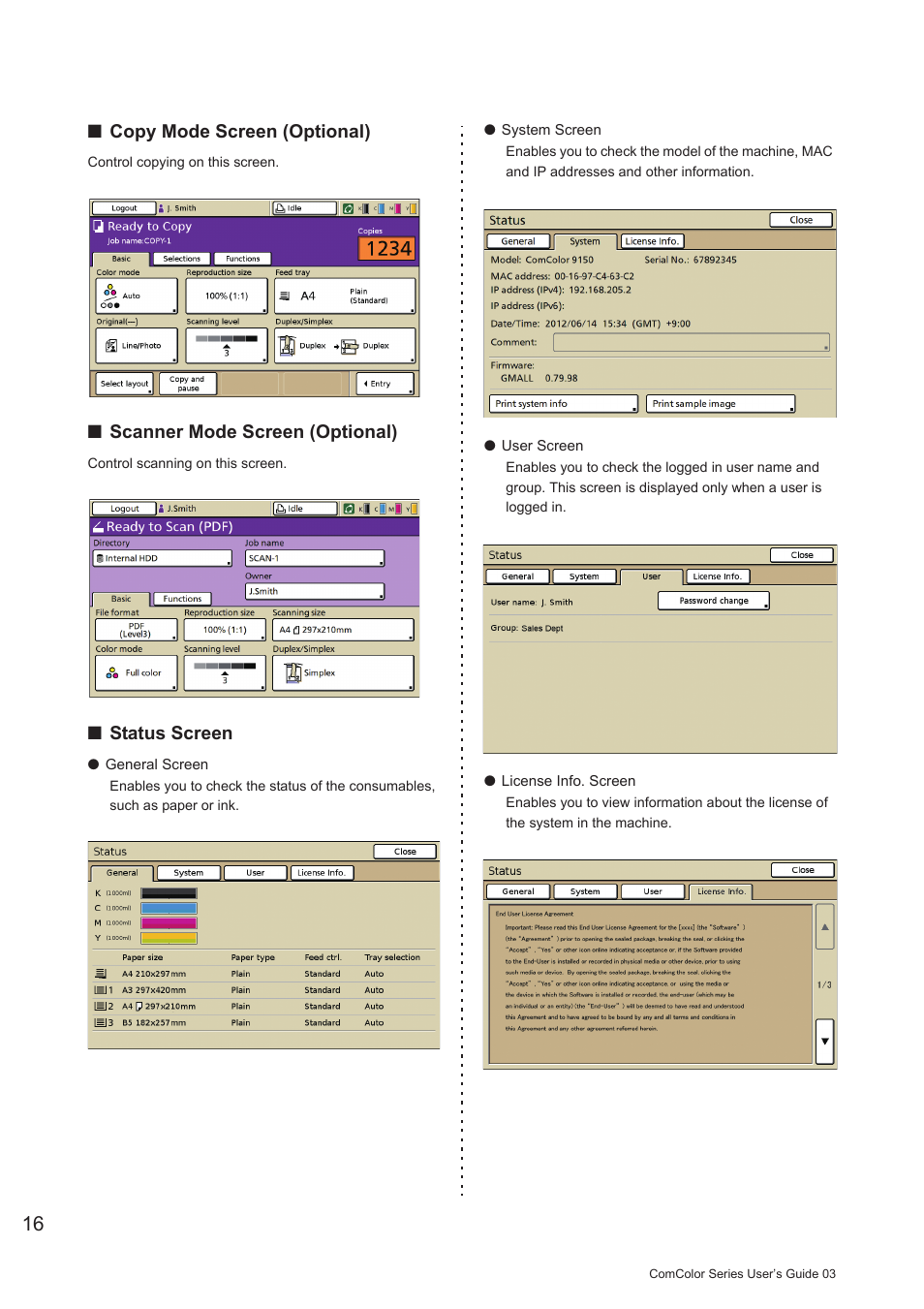 Copy mode screen (optional), Scanner mode screen (optional), Status screen | Pitney Bowes RISO ComColor Printer User Manual | Page 18 / 196