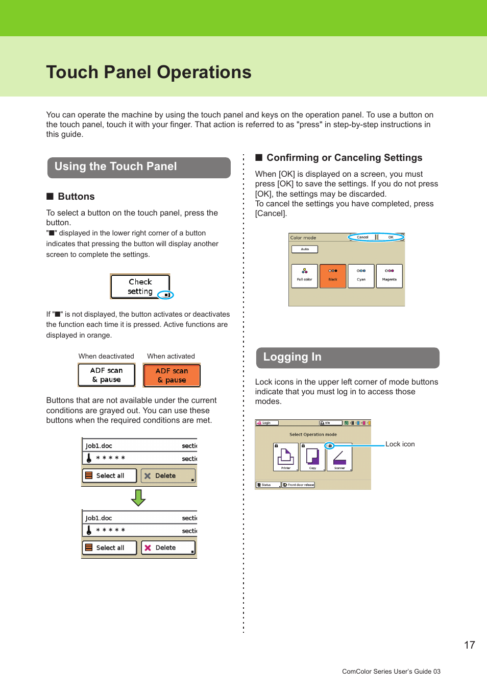 Touch panel operations, Using the touch panel, Logging in | Using the touch panel logging in | Pitney Bowes RISO ComColor Printer User Manual | Page 19 / 196