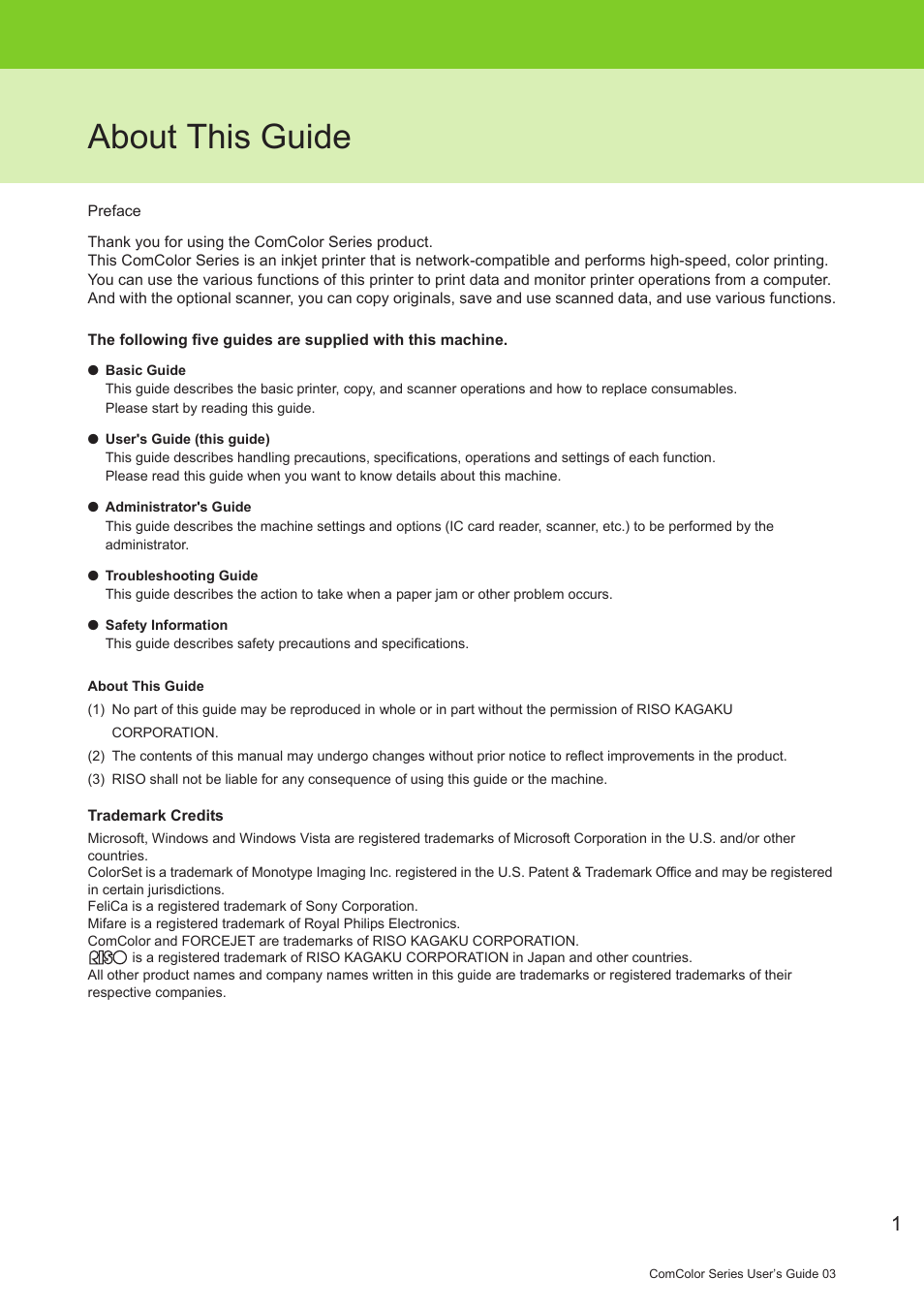 About this guide | Pitney Bowes RISO ComColor Printer User Manual | Page 3 / 196