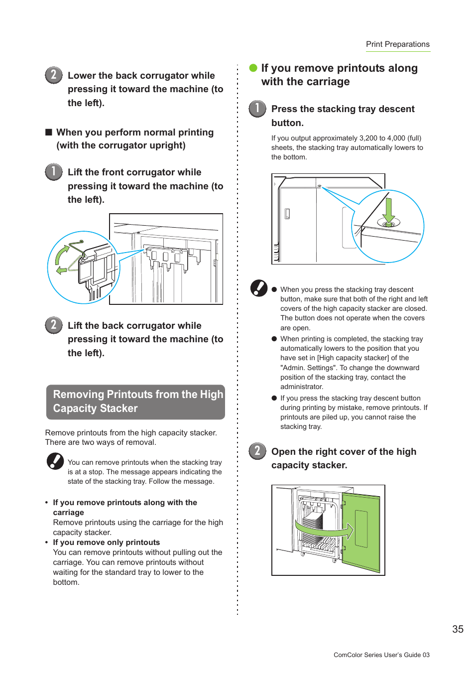 Removing printouts from the high capacity stacker, If you remove printouts along with the carriage | Pitney Bowes RISO ComColor Printer User Manual | Page 37 / 196