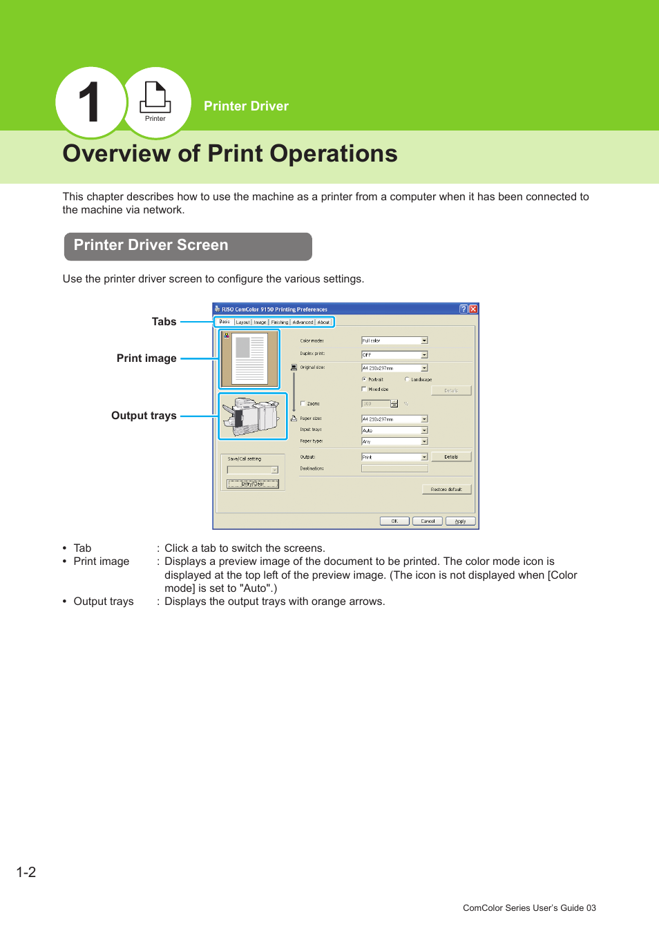 Overview of print operations, Printer driver screen, Overview of print operations -2 | Printer driver screen -2 | Pitney Bowes RISO ComColor Printer User Manual | Page 42 / 196