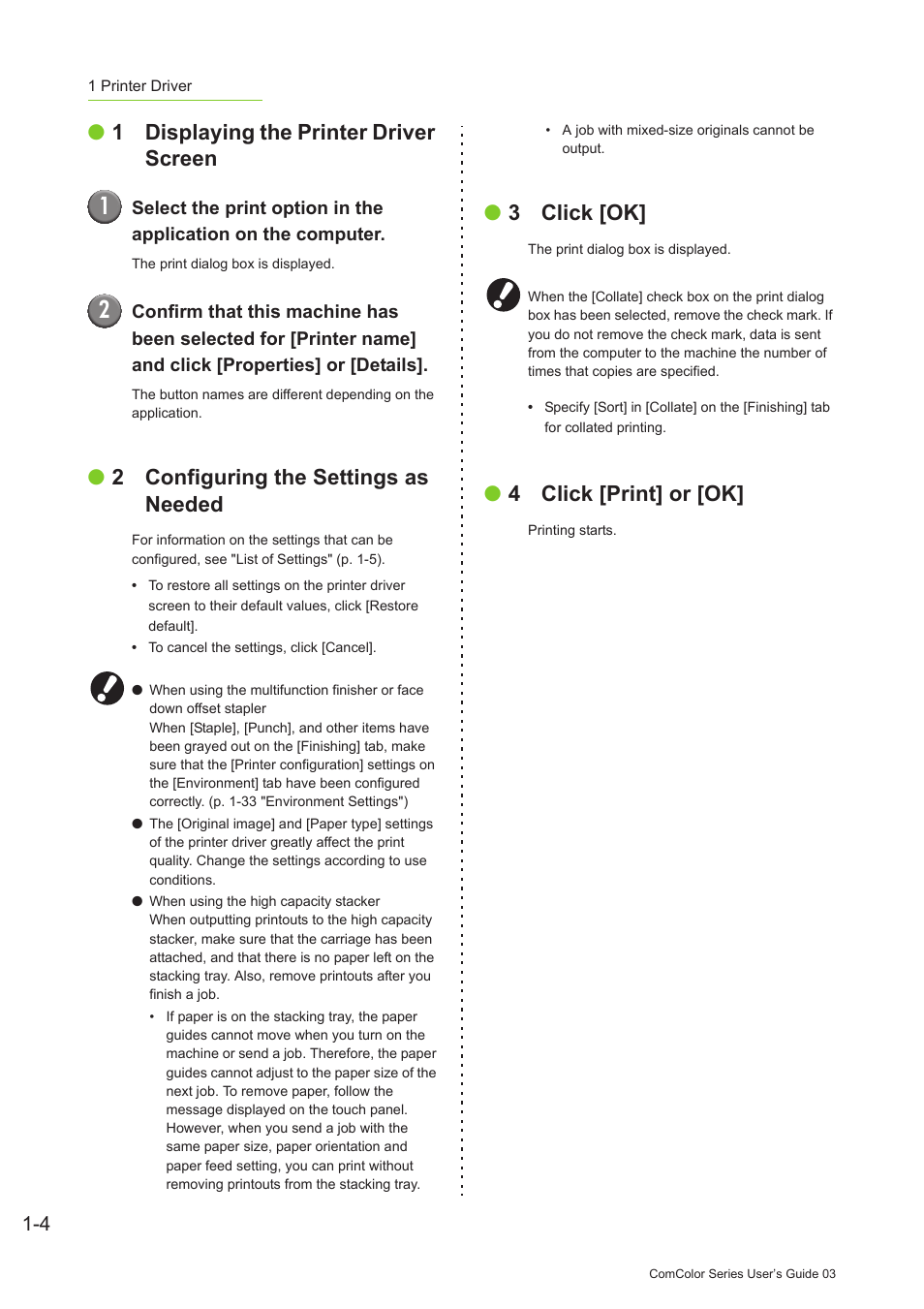 1 displaying the printer driver screen, 2 configuring the settings as needed, 3 click [ok | 4 click [print] or [ok | Pitney Bowes RISO ComColor Printer User Manual | Page 44 / 196