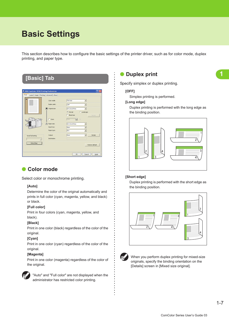 Basic settings, Basic] tab, Basic settings -7 | Basic] tab -7, P. 1-7, Color mode, Duplex print, Basic] tab ● color mode | Pitney Bowes RISO ComColor Printer User Manual | Page 47 / 196