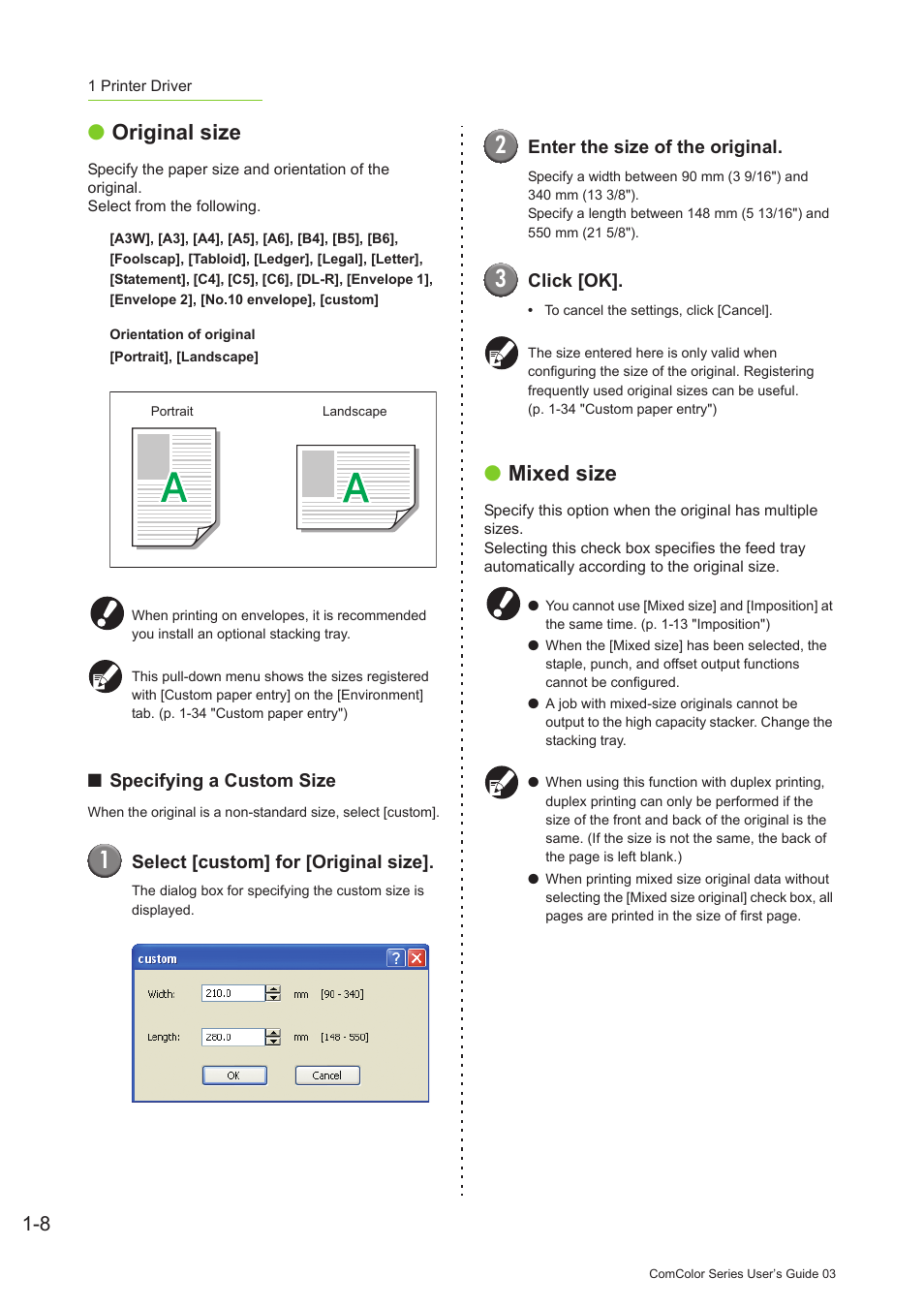 P. 1-8, Original size, Mixed size | Pitney Bowes RISO ComColor Printer User Manual | Page 48 / 196