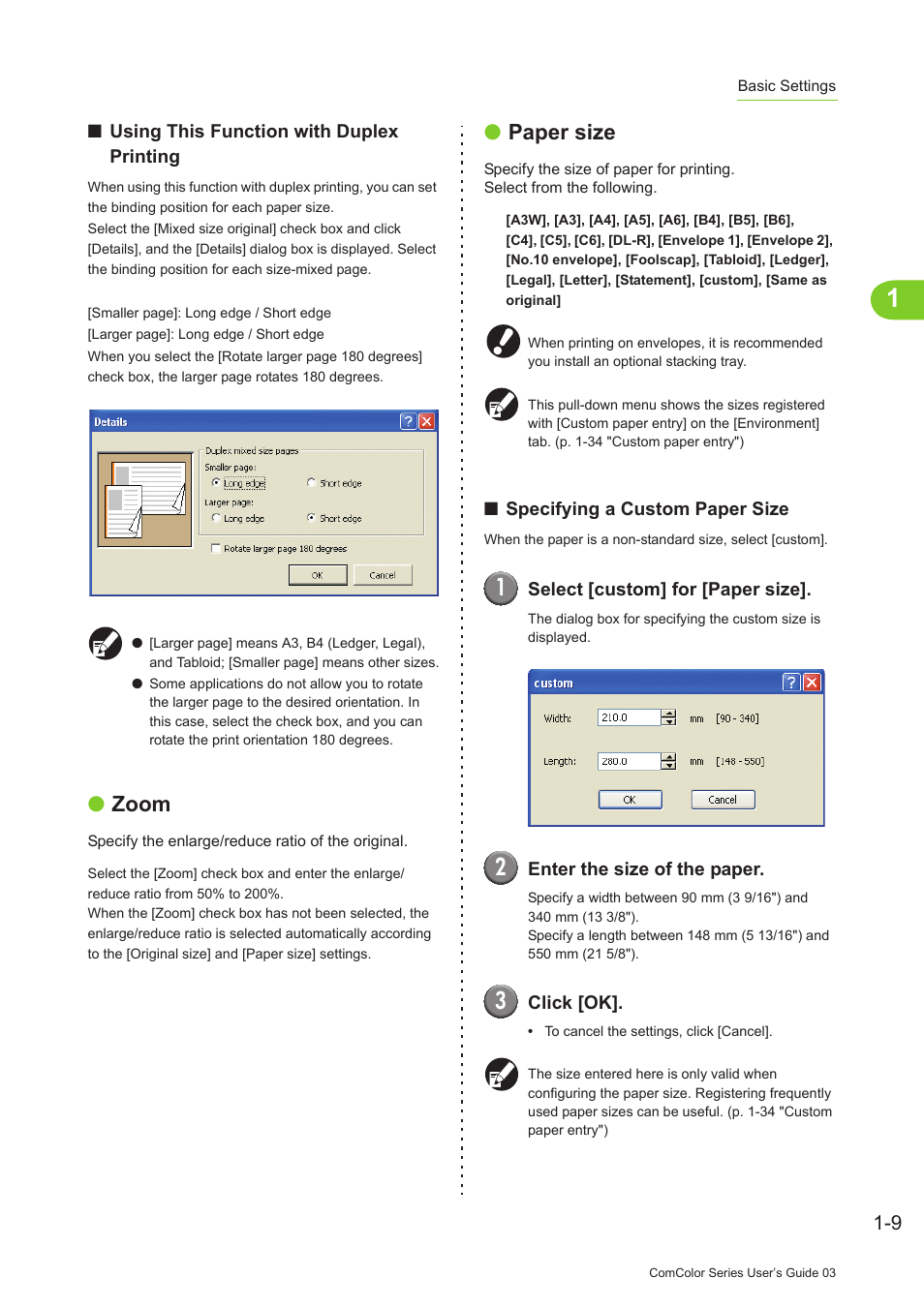 P. 1-9, Zoom, Paper size | Pitney Bowes RISO ComColor Printer User Manual | Page 49 / 196