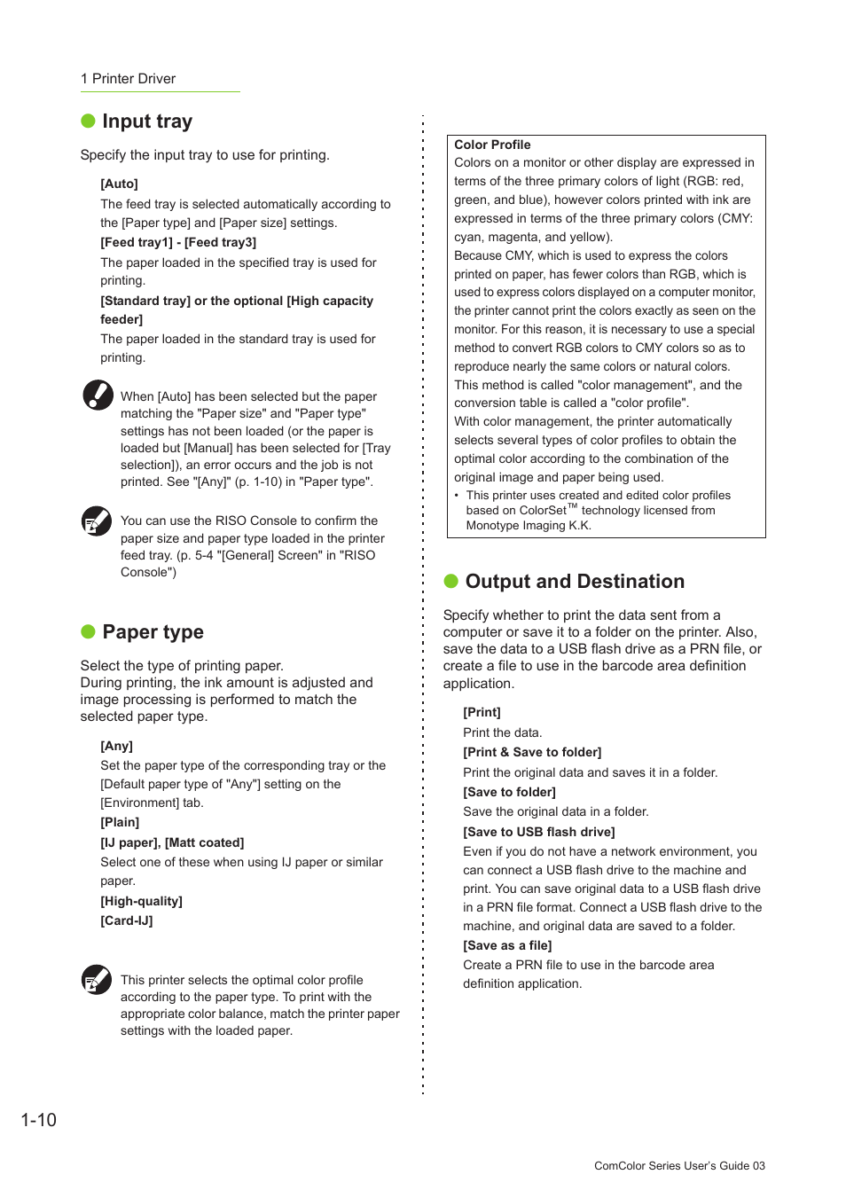 P. 1-10, Output, Destination | Input tray, Paper type, Output and destination | Pitney Bowes RISO ComColor Printer User Manual | Page 50 / 196