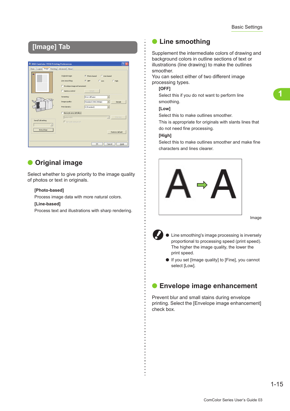 Image] tab, Image] tab -15, P. 1-15 | Envelope image enhancement, Original image, Line smoothing, Image] tab ● original image | Pitney Bowes RISO ComColor Printer User Manual | Page 55 / 196