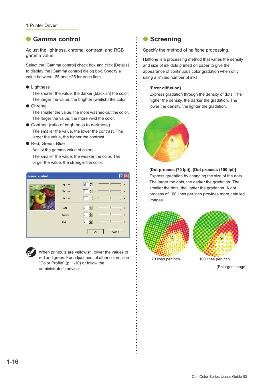 P. 1-16, Gamma control, Screening | Pitney Bowes RISO ComColor Printer User Manual | Page 56 / 196