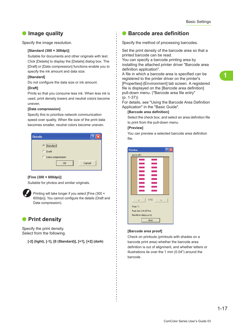 P. 1-17, Barcode area definition, Image quality | Print density | Pitney Bowes RISO ComColor Printer User Manual | Page 57 / 196
