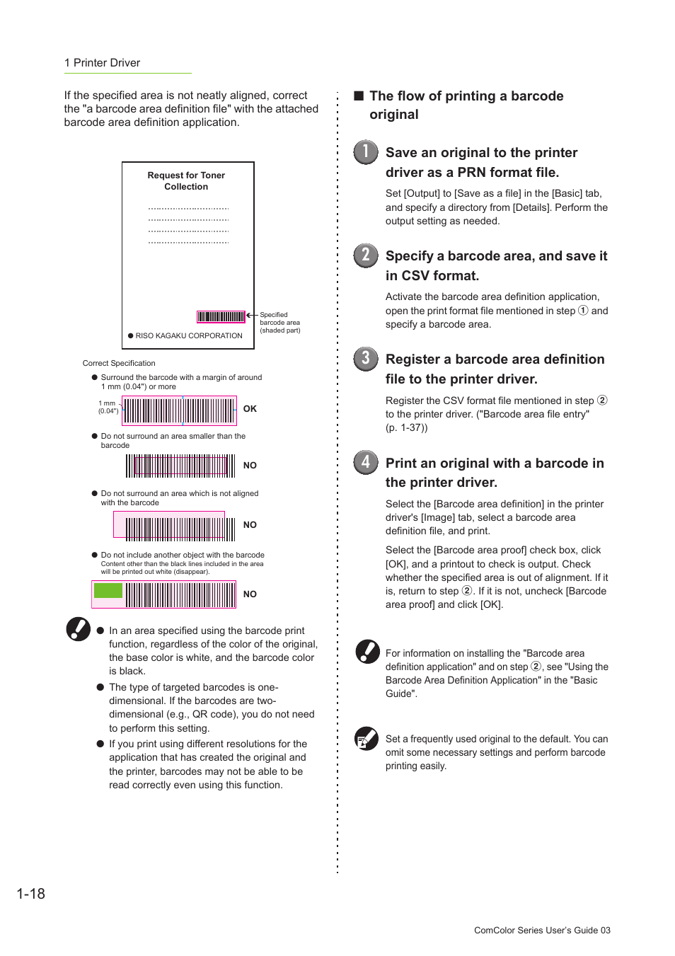 The flow of printing a barcode original, Specify a barcode area, and save it in csv format | Pitney Bowes RISO ComColor Printer User Manual | Page 58 / 196