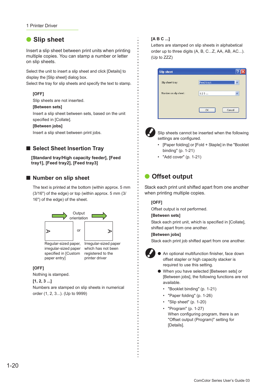 P. 1-20, Slip sheet, Offset output | Select sheet insertion tray, Number on slip sheet | Pitney Bowes RISO ComColor Printer User Manual | Page 60 / 196