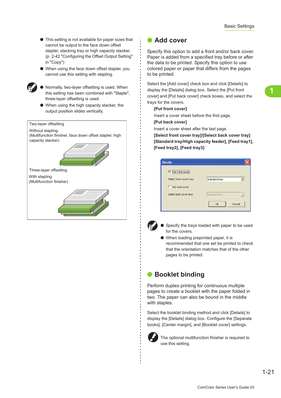 P. 1-21, Add cover, Booklet binding | Booklet binding" (p. 1-21), Booklet, Binding" (p. 1-21), Add cover" (p. 1-21) | Pitney Bowes RISO ComColor Printer User Manual | Page 61 / 196