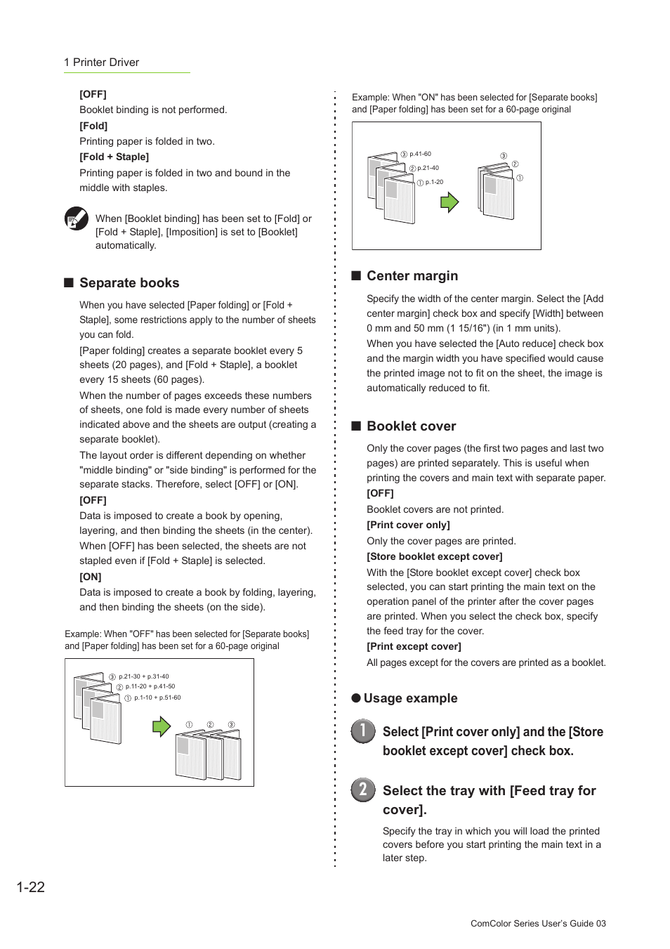 Separate books, Center margin, Booklet cover | Select the tray with [feed tray for cover | Pitney Bowes RISO ComColor Printer User Manual | Page 62 / 196