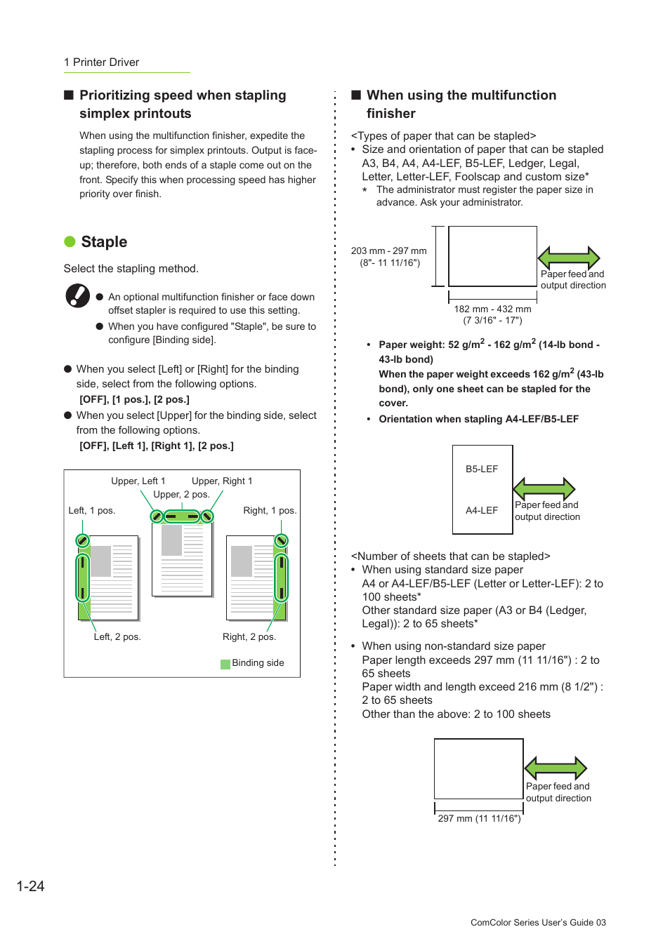 P. 1-24, Staple, Staple" (p. 1-24) | Prioritizing speed when stapling simplex printouts, When using the multifunction finisher | Pitney Bowes RISO ComColor Printer User Manual | Page 64 / 196